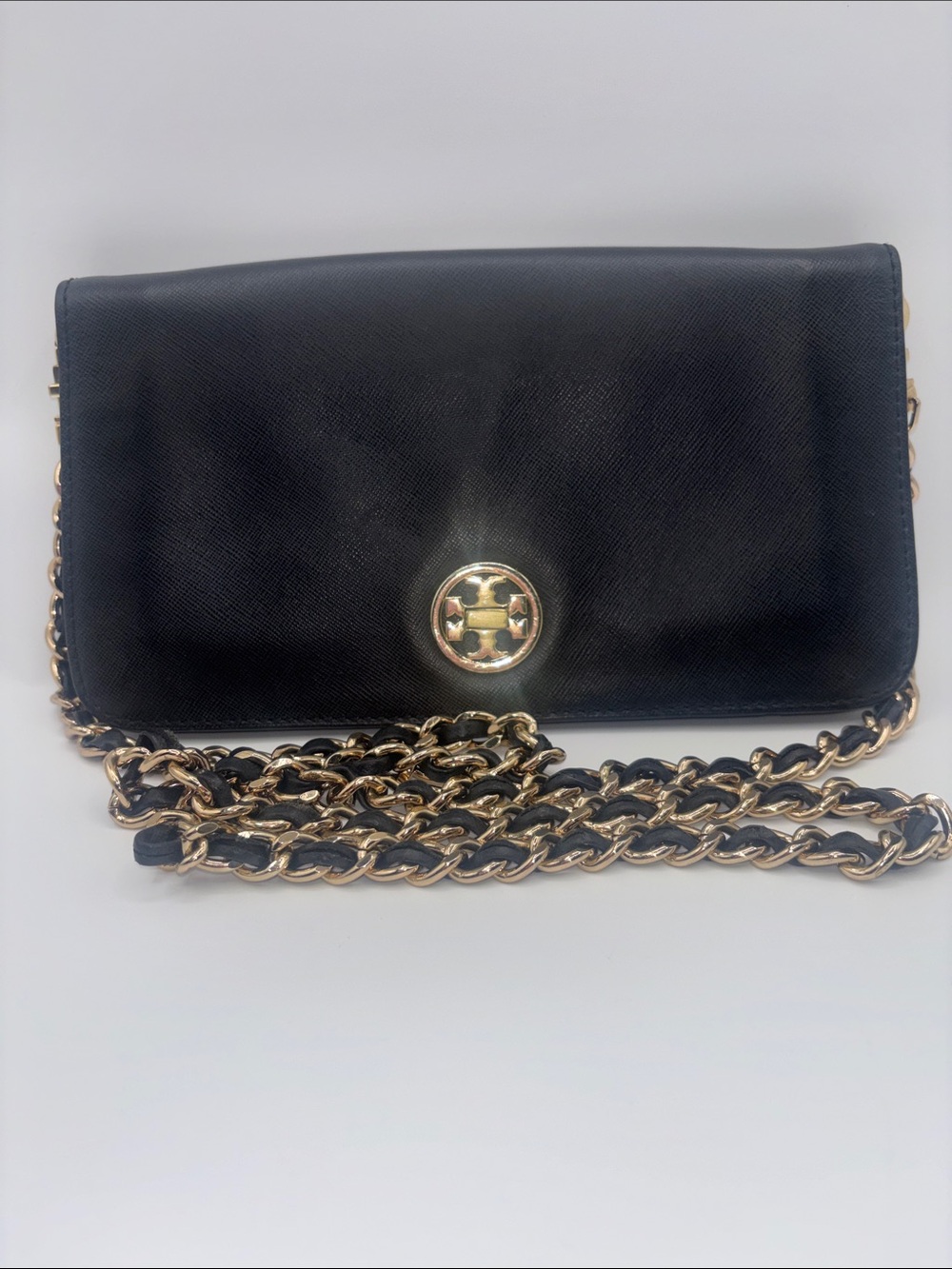 Tory Burch Black Leather Logo Chain Crossbody